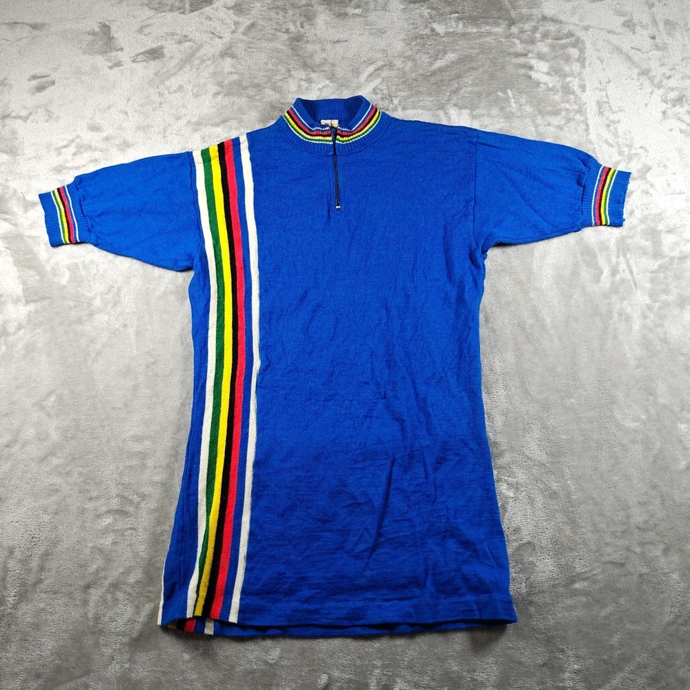 Vintage Giordana Cycling Jersey Mens Size 3 XS Blue Rainbow Striped Wool Blend